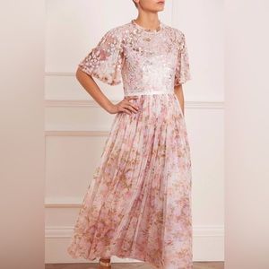 DARLING MEADOW SEQUIN BODICE SHORT SLEEVE ANKLE GOWN
